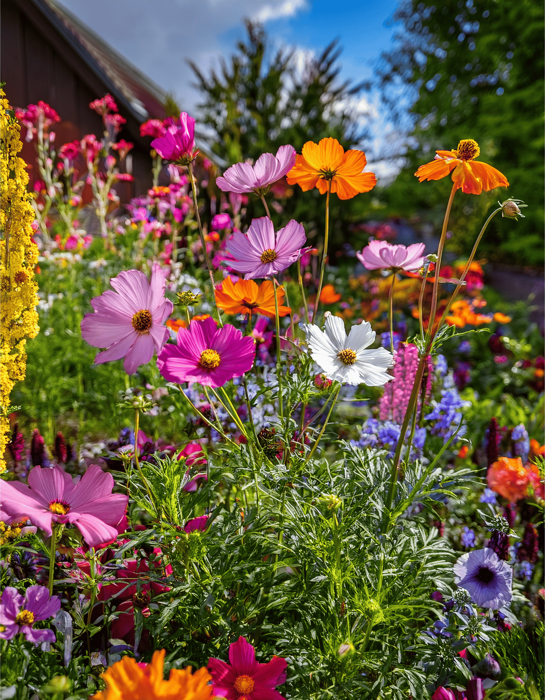 cosmos flowers and Nigella growing in a home wildflower garden