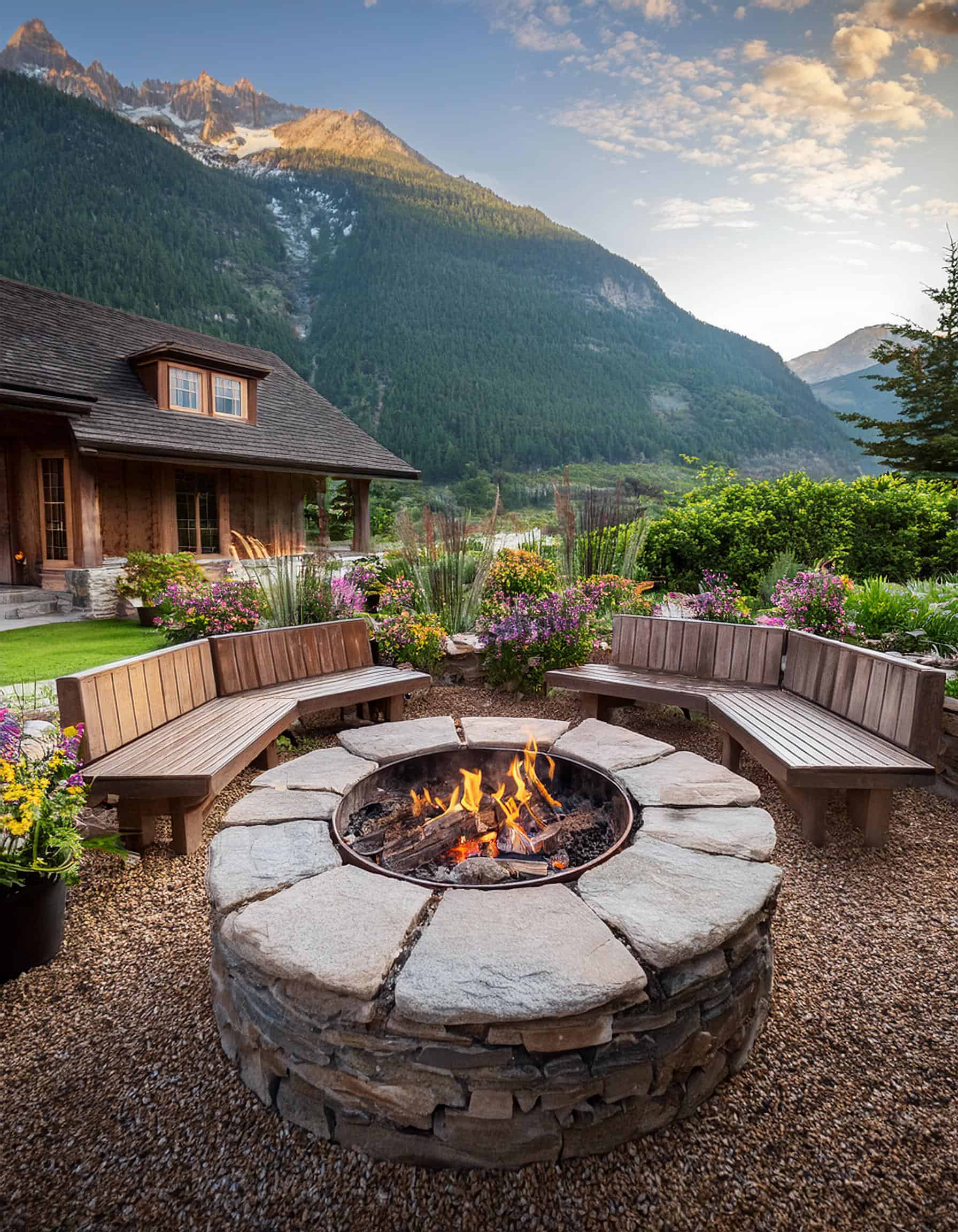 Firefly stone benches round sitting area firepit front of house cozy seating area flowers and al