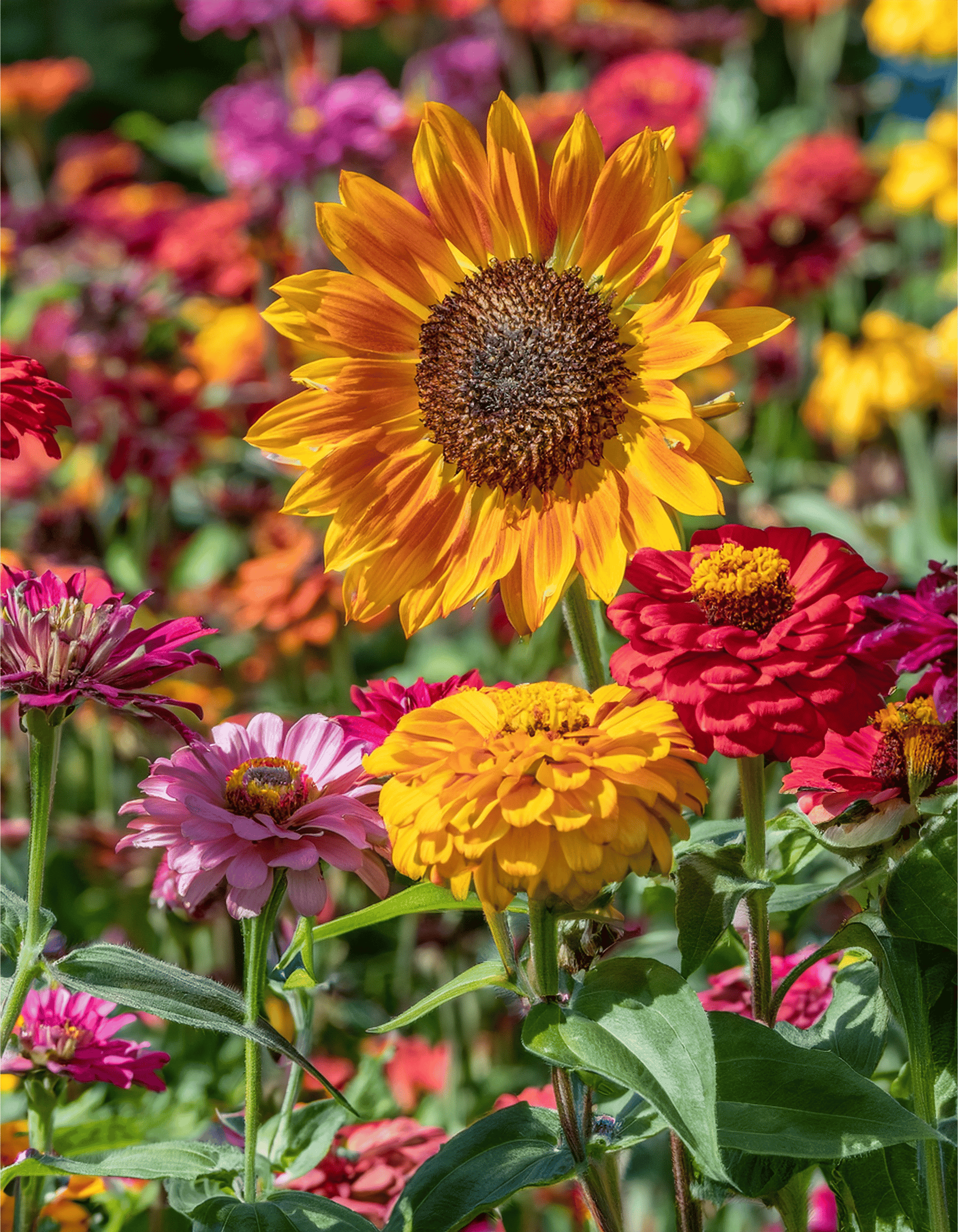 Sunflowers and zinnias growing in a home garden on a bright day