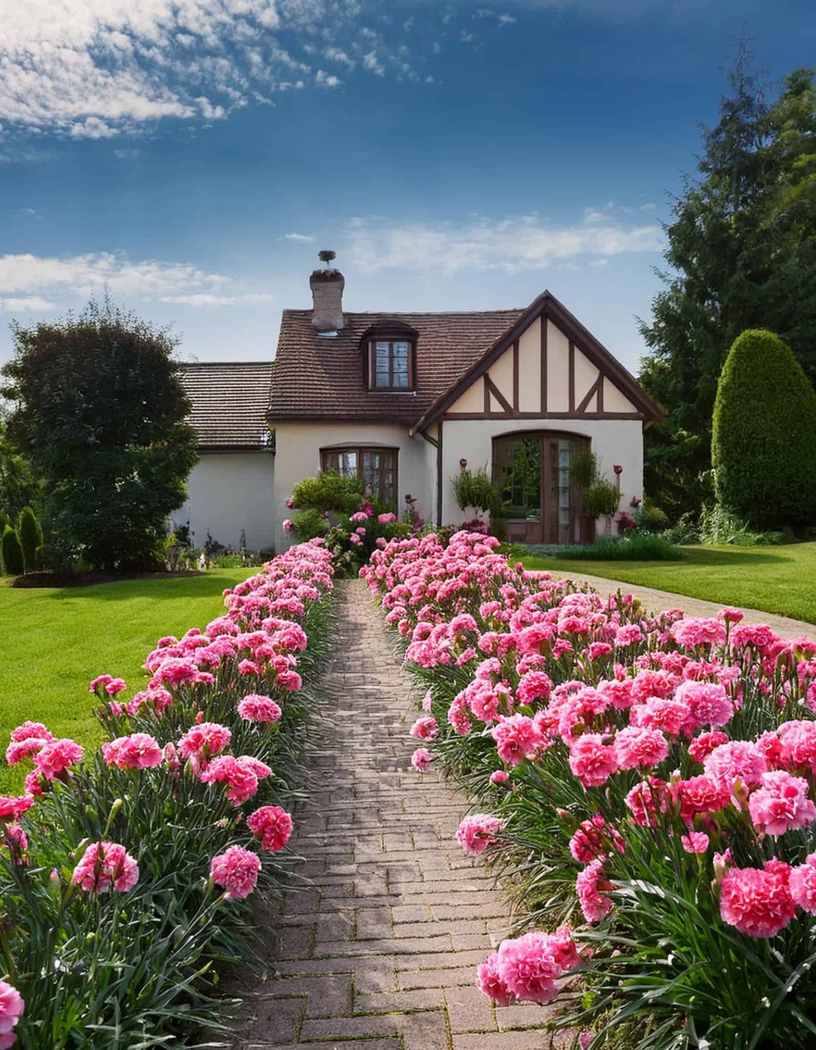 Pathway of carnations to a cottage