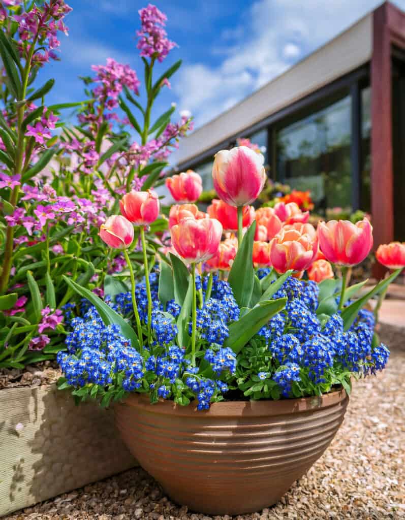 Myosotis flowers and tulips