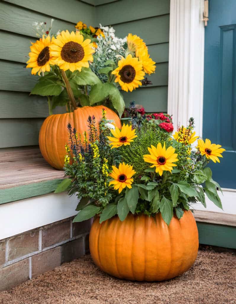 5 Sunflowers and balck eye susan pumpkin planters