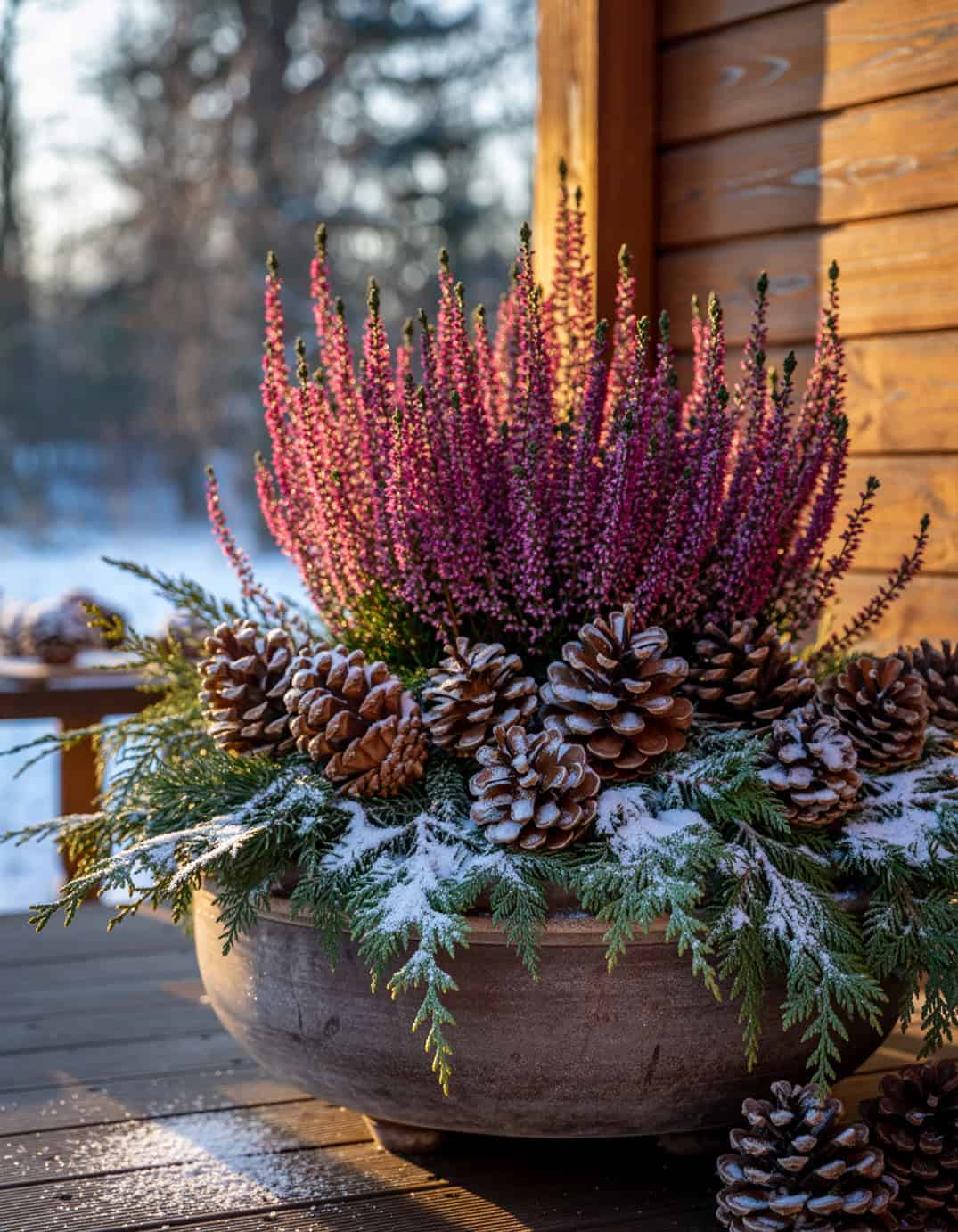 Winter porch large planter including Purple heather surrounded by pinecones and ced 87541