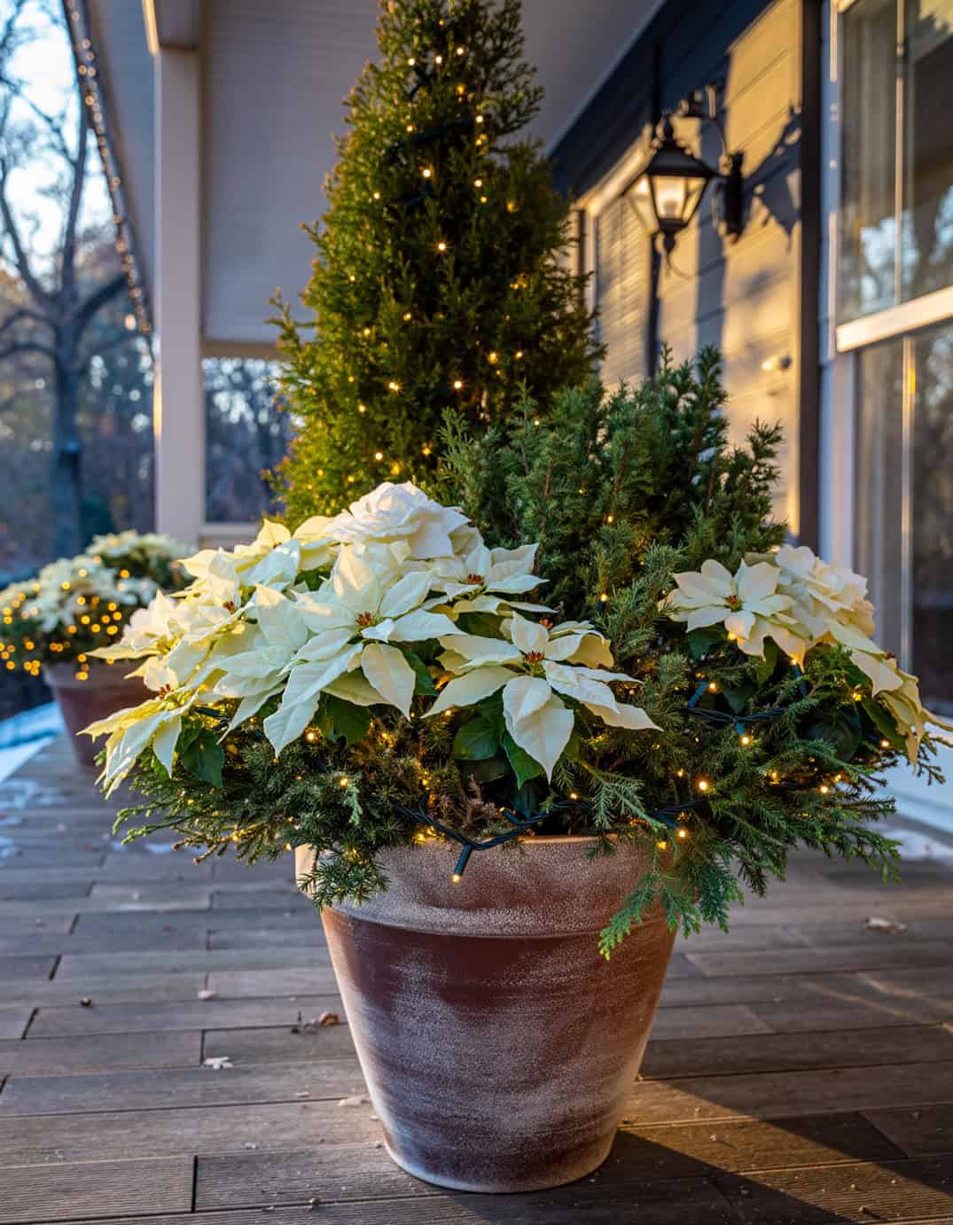 Winter porch large planter including many Christmas Rose Juniper and Twinkle LED 87541
