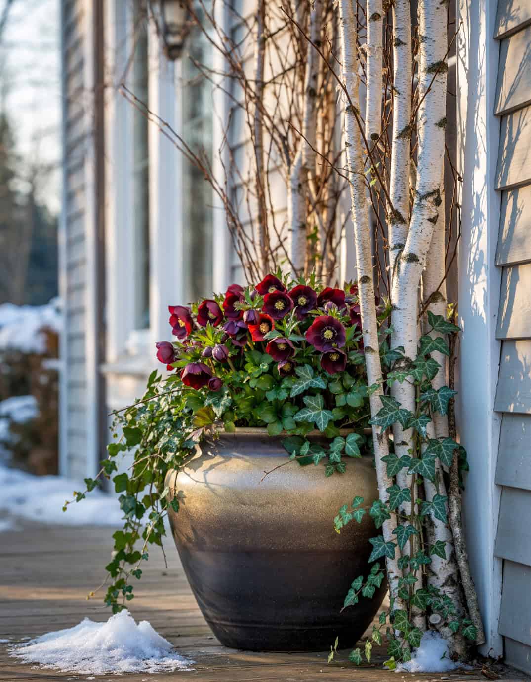 Winter porch large planter including many Lenten roses framed by trailing ivy and u 87541