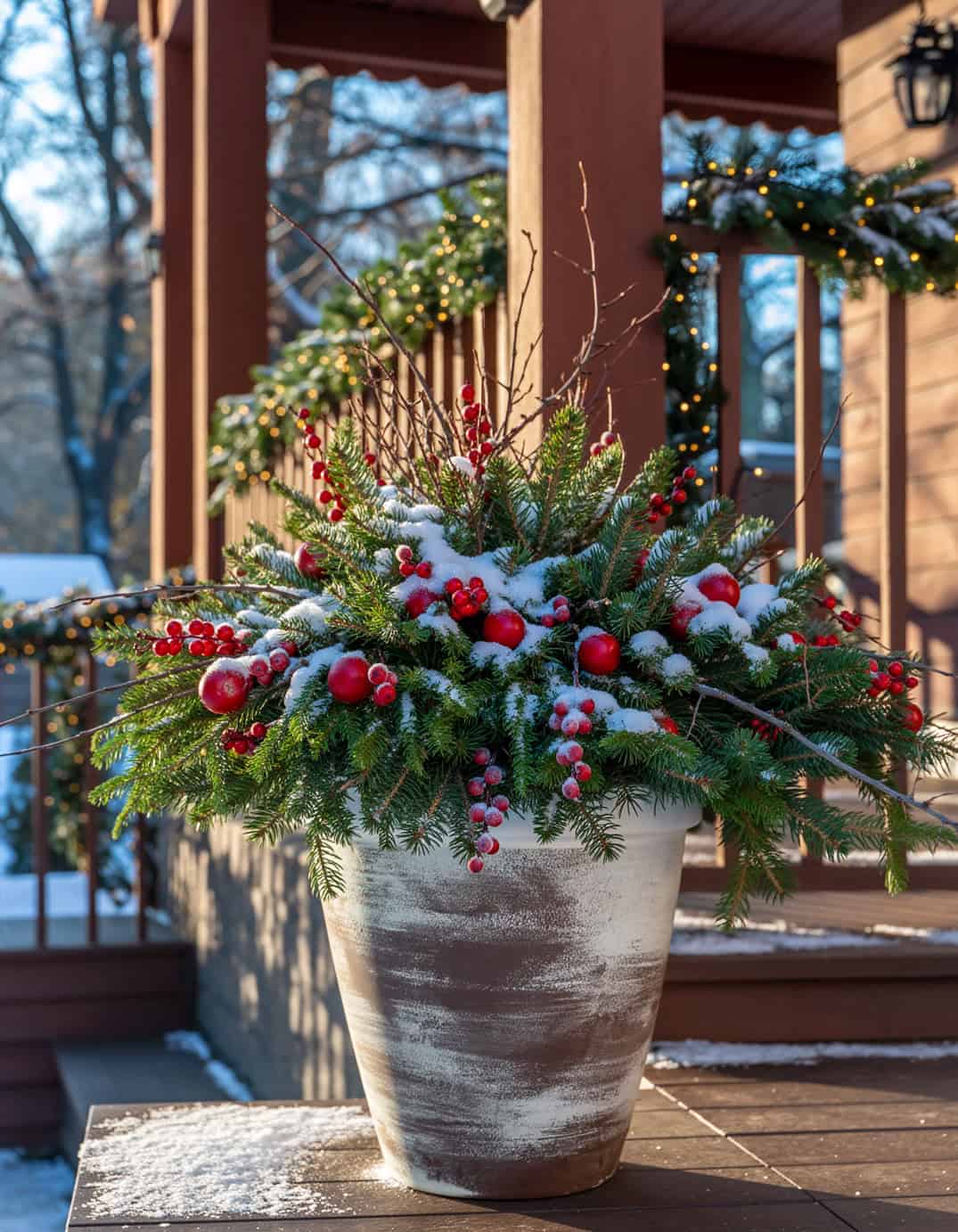 Winter porch large planter including many Red berries and spruce greens laced with 87541 1