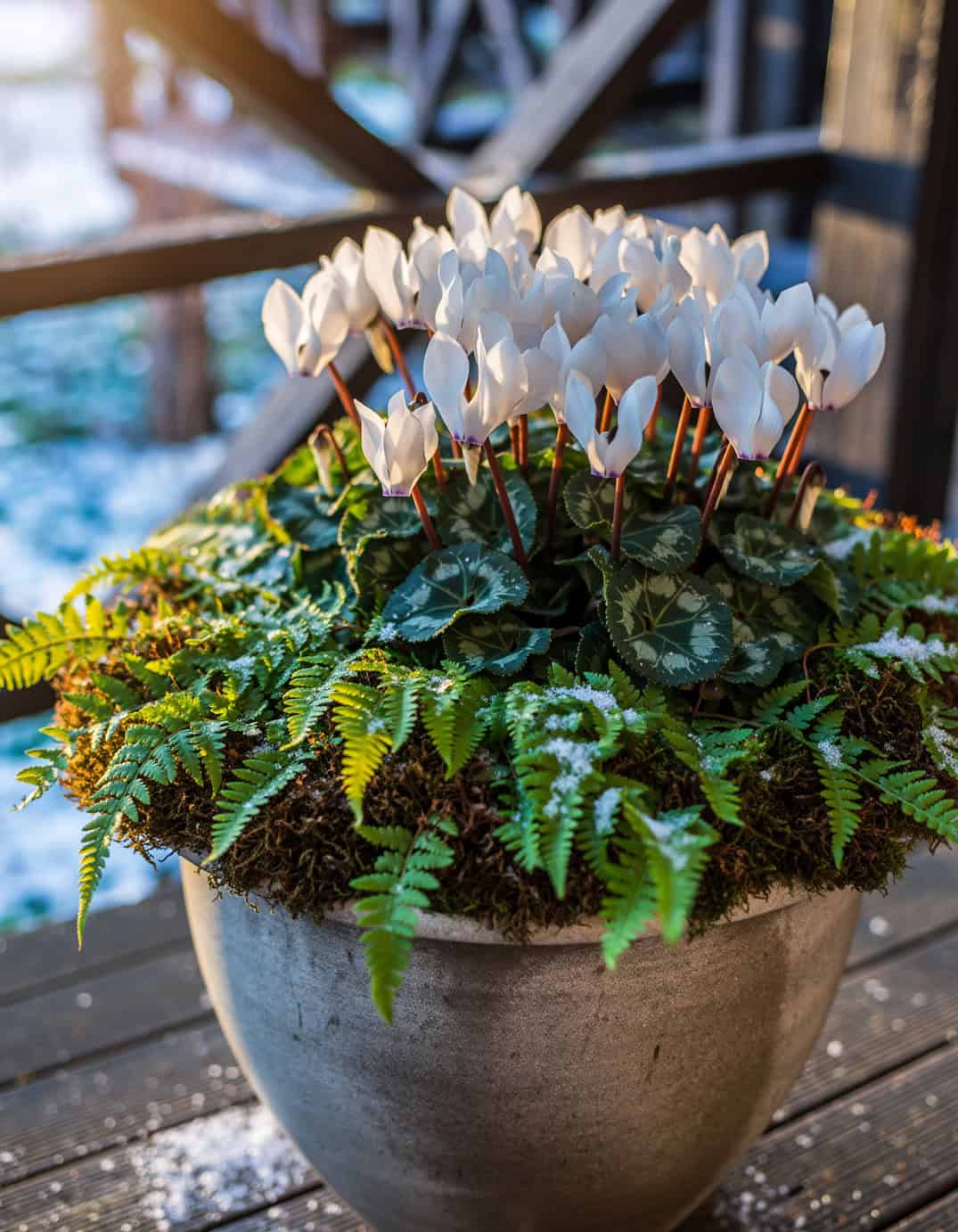 Winter porch large planter including many White cyclamen above ferns grounded in s 87541