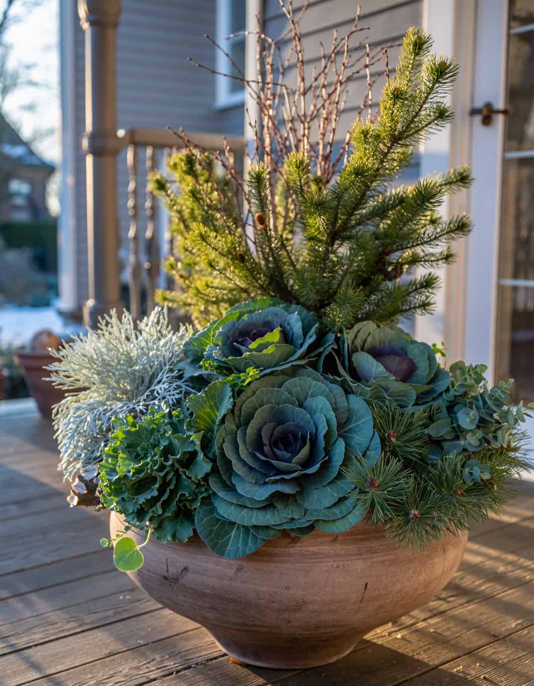 Winter porch large planter including many pine sprigs and silvery eucalyptus and la 87541