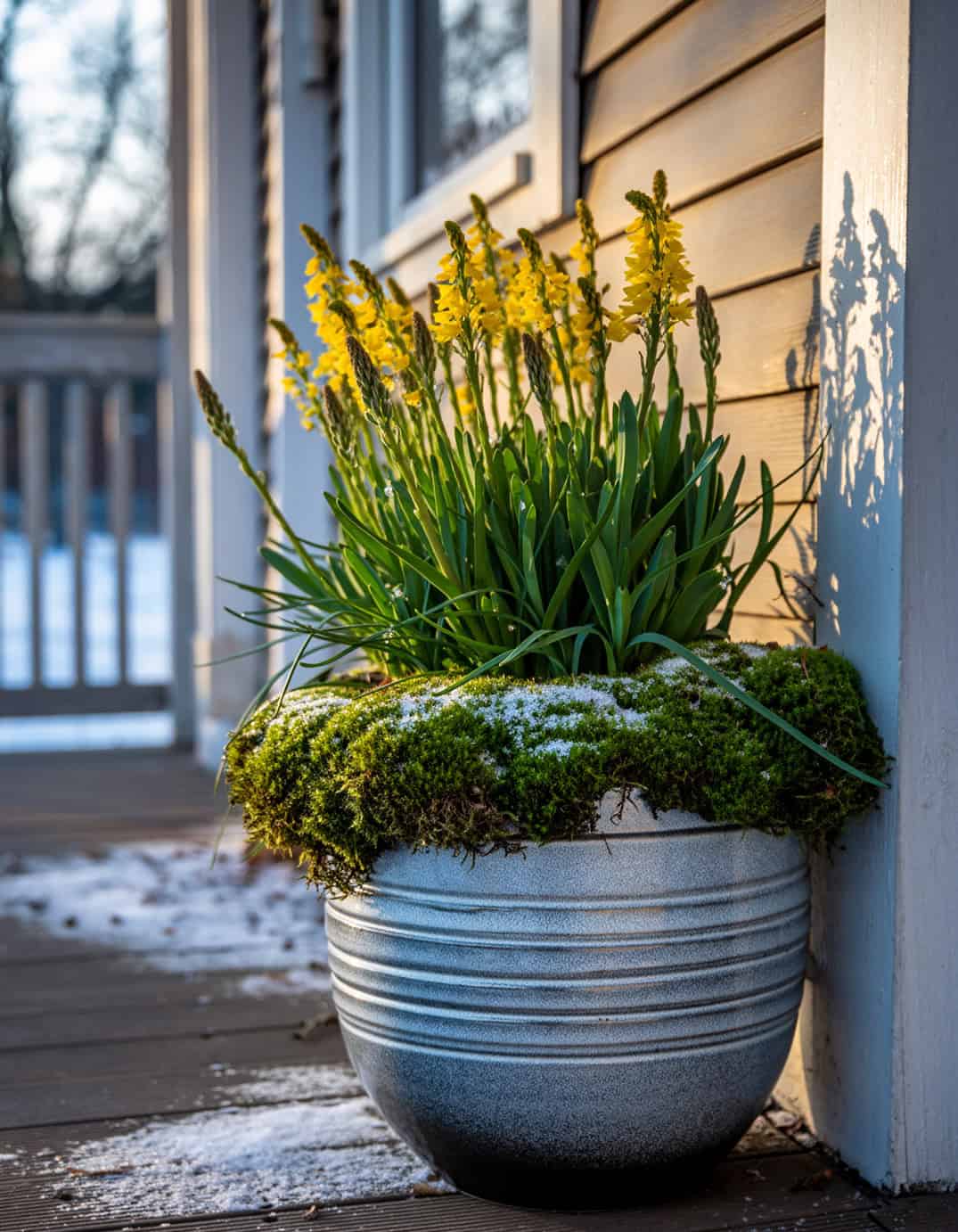 Winter porch large planter including yellow flowers rising through soft moss in a c 87541