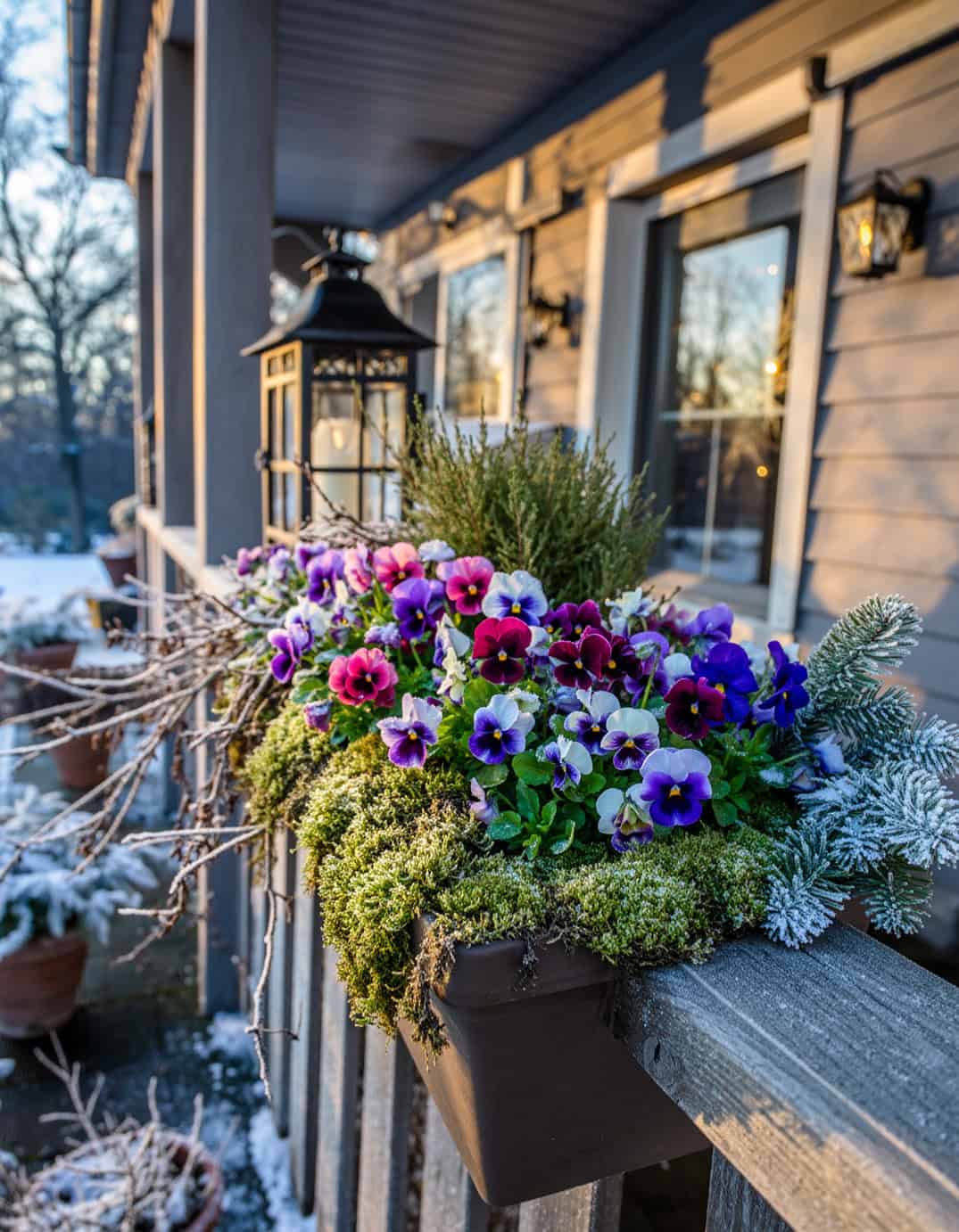 Winter porch planter including Cold tolerant viola flowers mixed with spruce tips an 87541