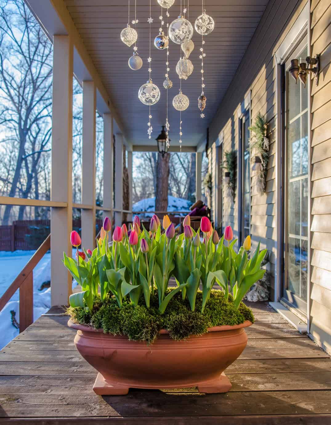 tulips emerging through moss with clear h 87541