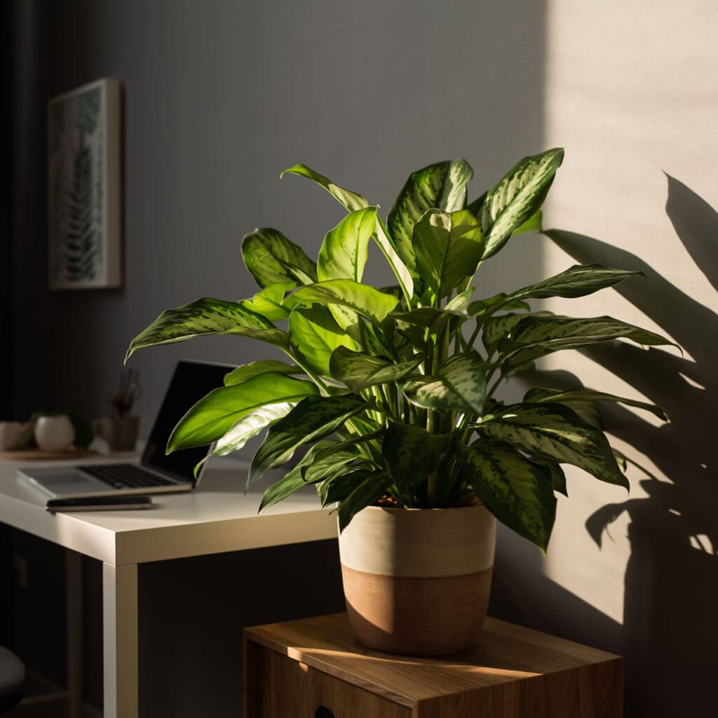Aglaonema house plant in a ceramic pot growing on a side table next to a womans des 913887