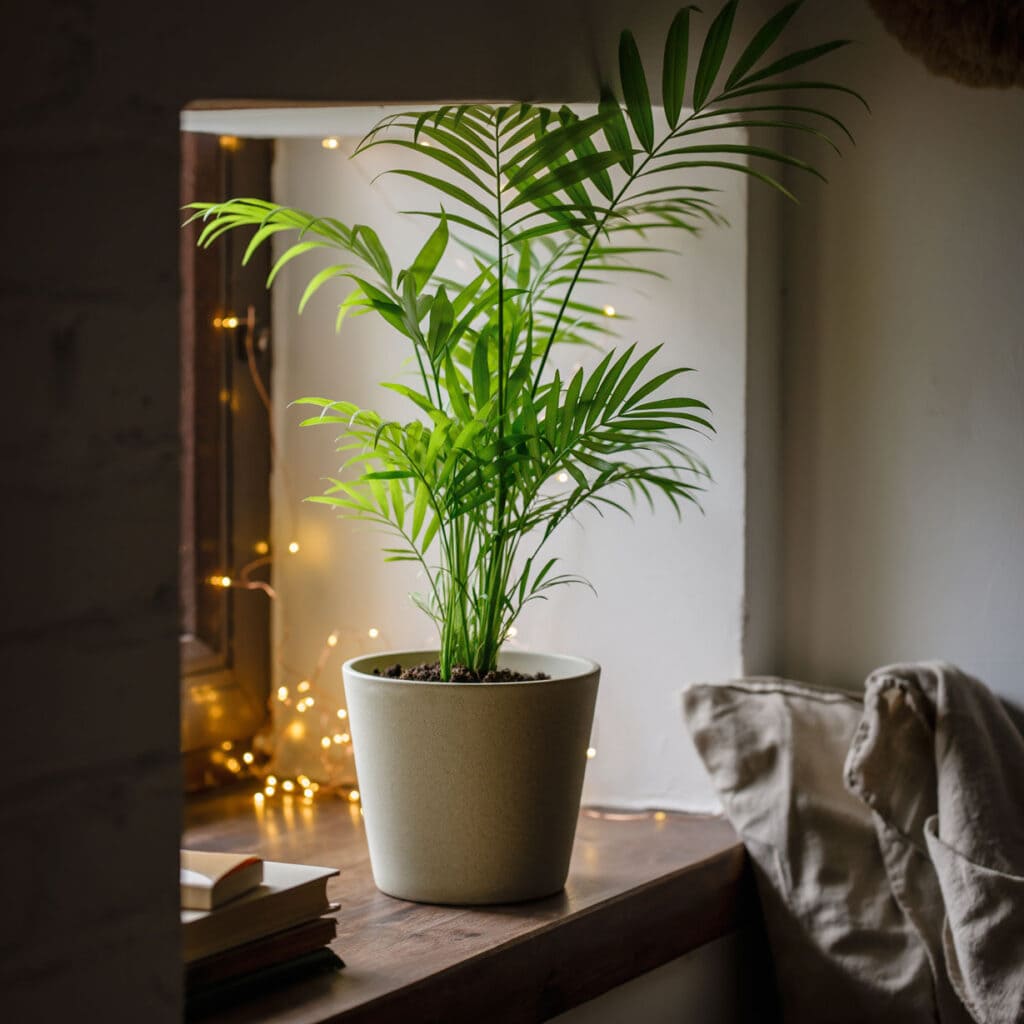 Chamaedorea elegans house plant in a ceramic pot growing on a small shelf4