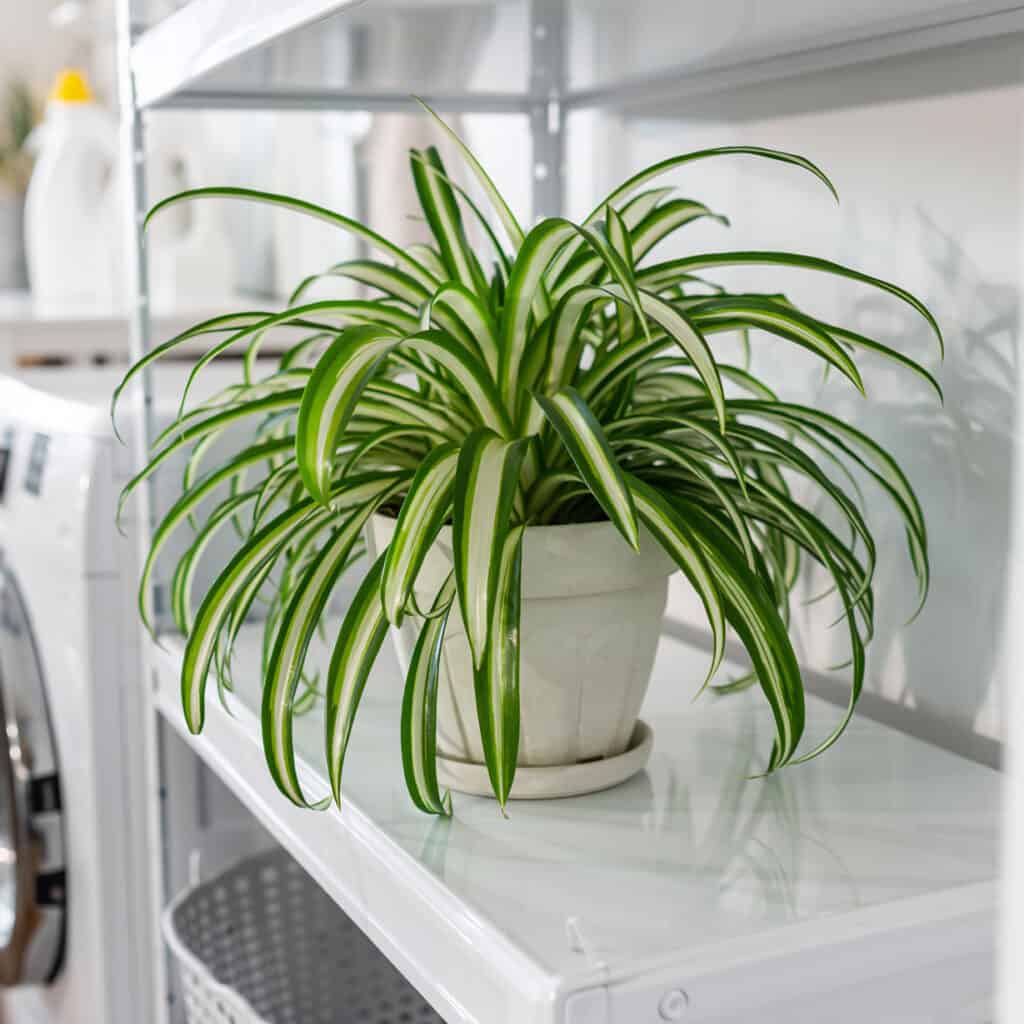 Chlorophytum comosum house plant in a ceramic pot growing on a Laundy shelf in a whi 122444