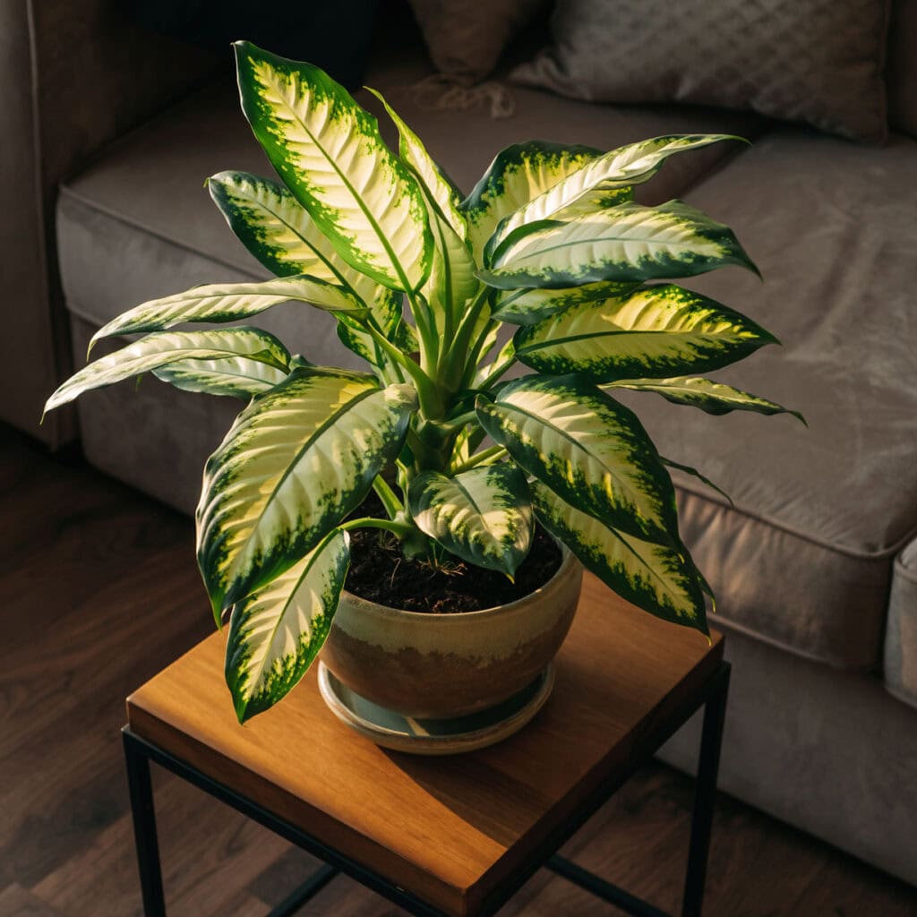 Dieffenbachia house plant in a ceramic pot growing on a small sidetable beside a liv 122444