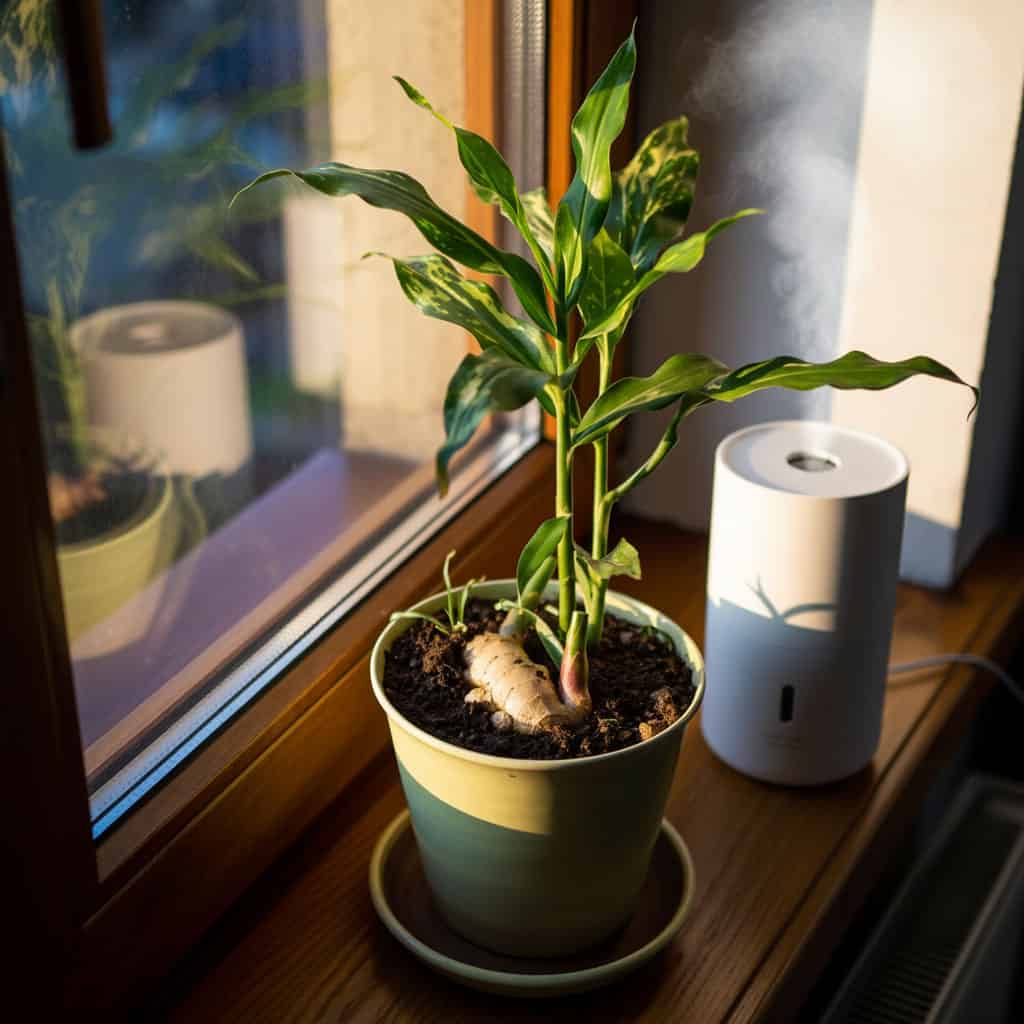 Ginger growing with humidifier