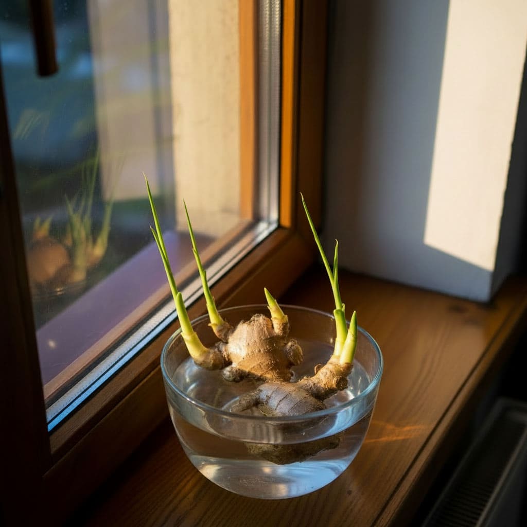 Ginger sprouting in windowsill