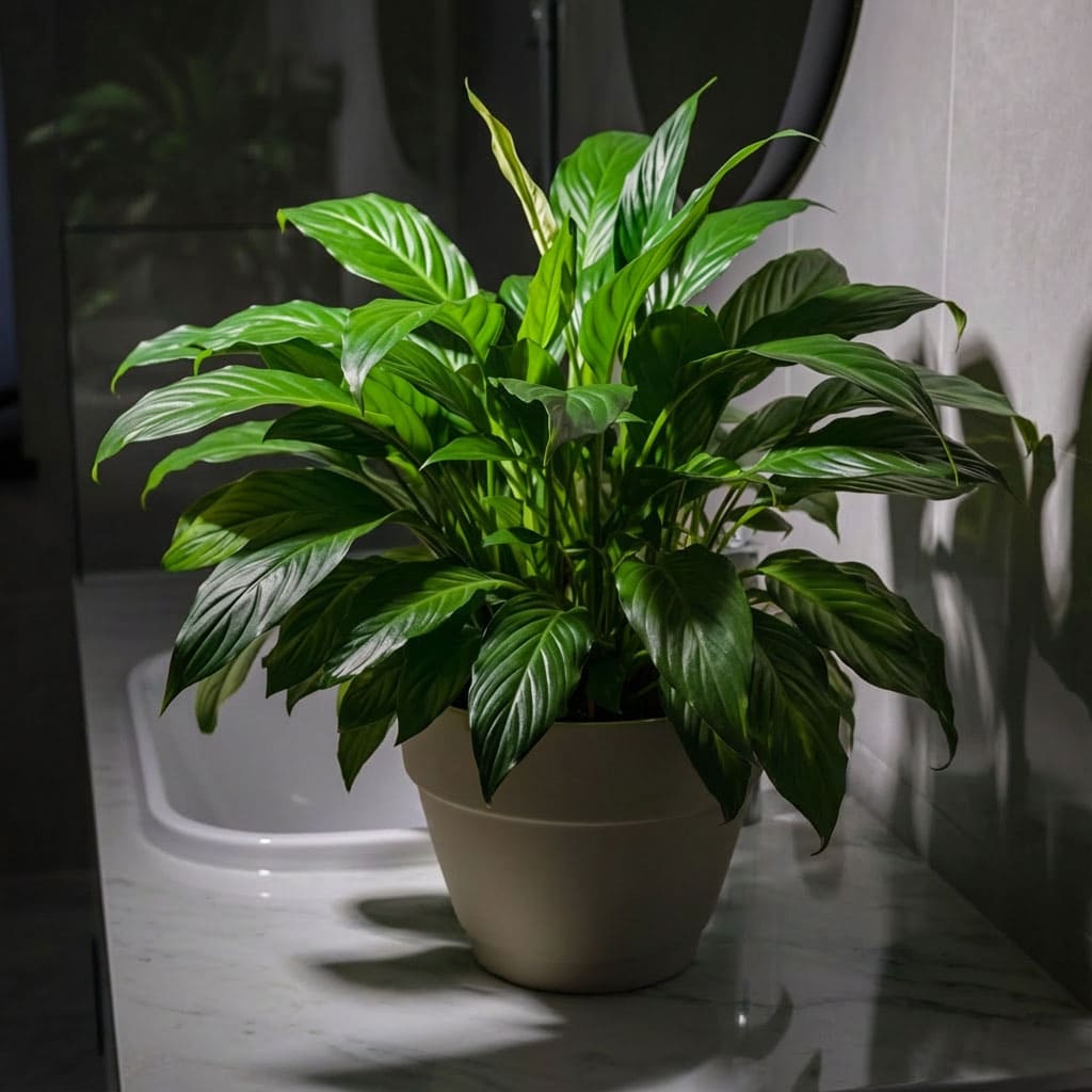 Peacy lilly plant in bathroom low light