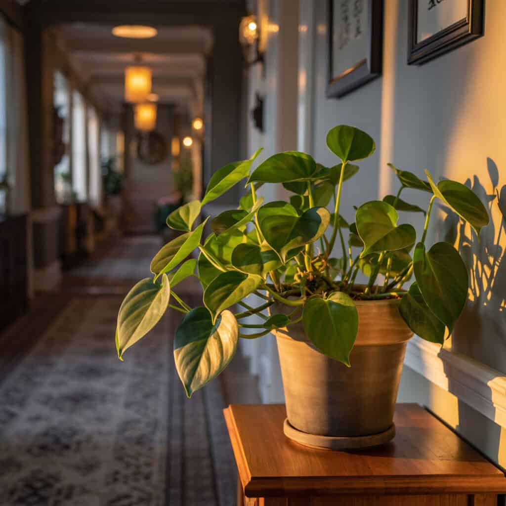 Philodendron hederaceum house plant in a ceramic pot growing on a side table