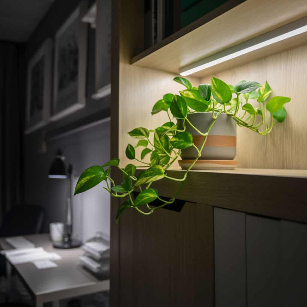Pothos house plant in a ceramic pot growing on a Windowless home office