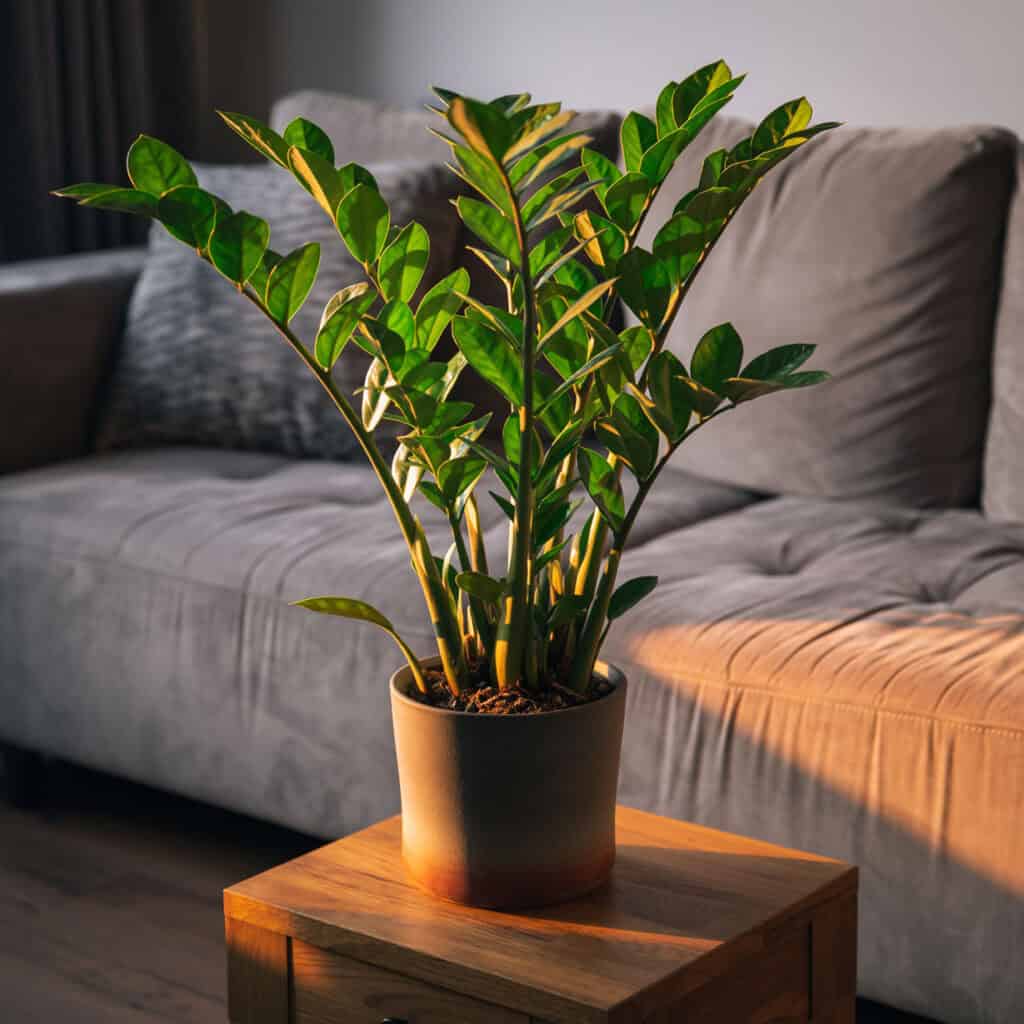 ZZ plant growing in living room low light