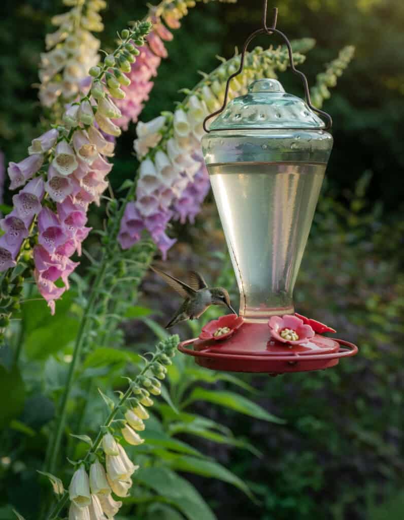 foxgloves and hummingbird feeeder