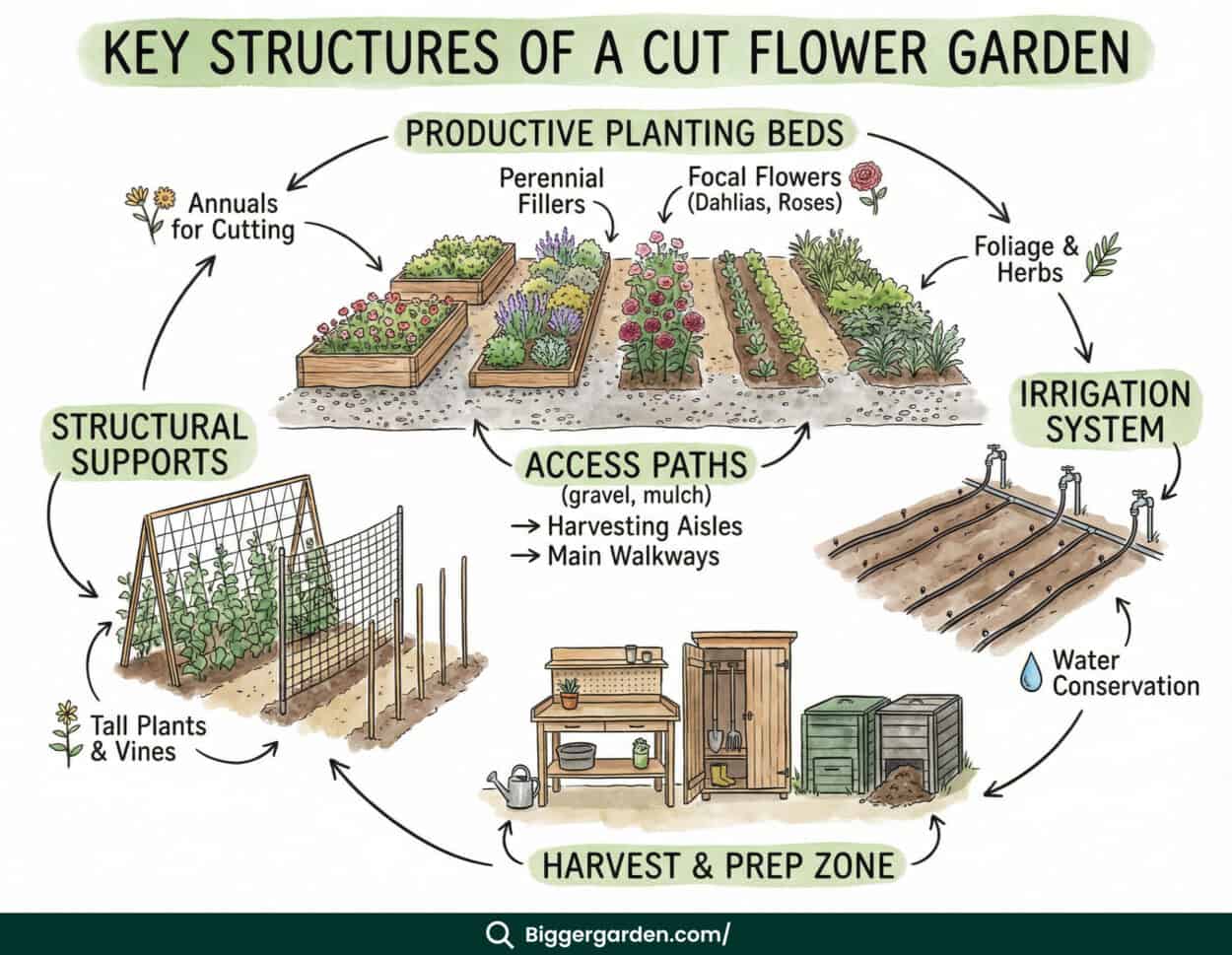 infographic that illustrates the key structures of a cut flower garden