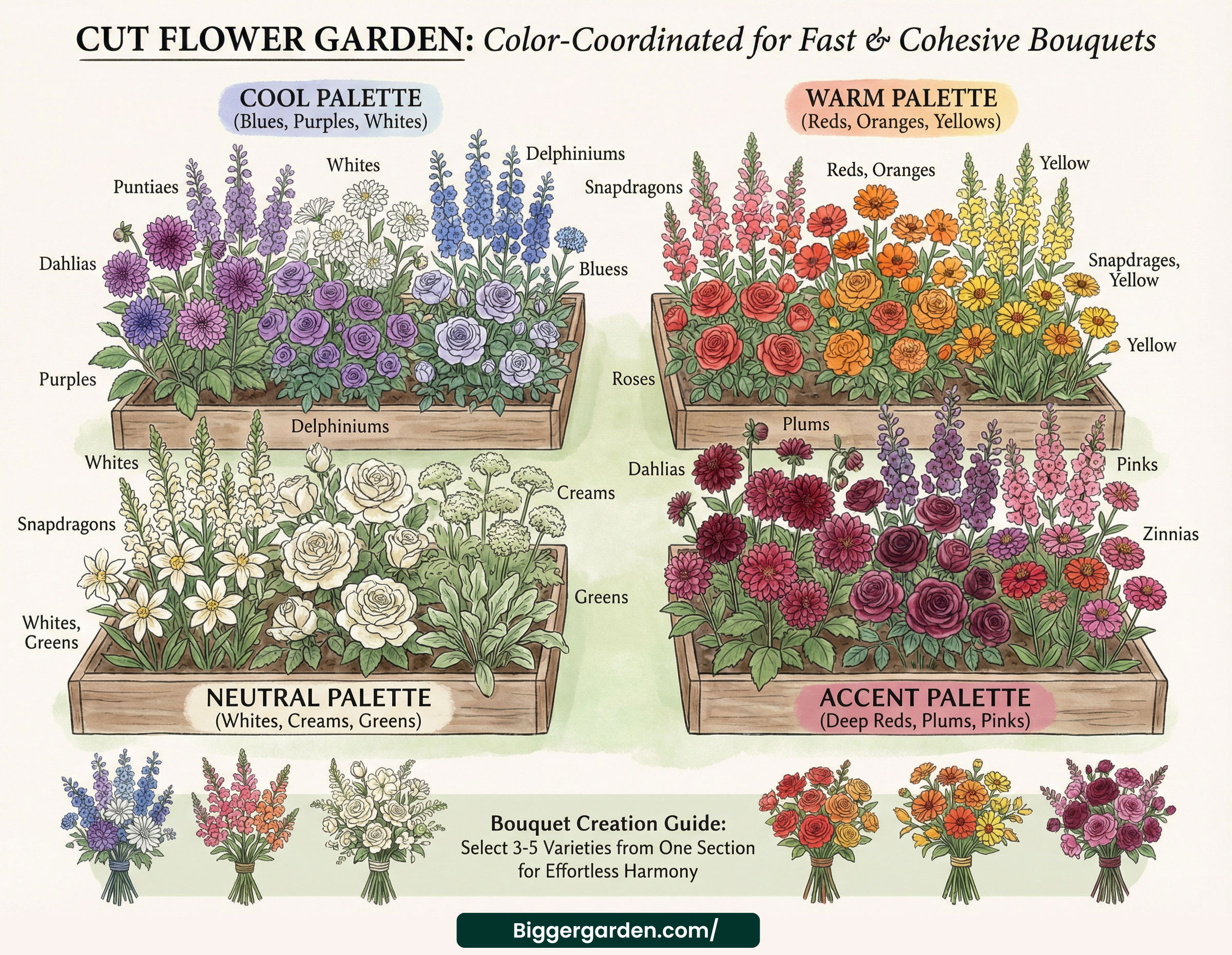 infographic that illustrates the sections of a cut flower garden coordinated by color 1