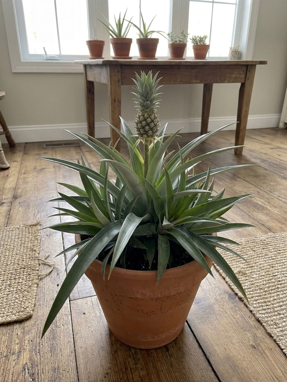 Pineapple plant growing new fruit from a cutting