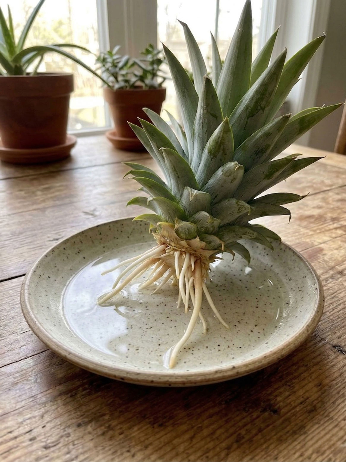 Pineapple top rooting on a plate