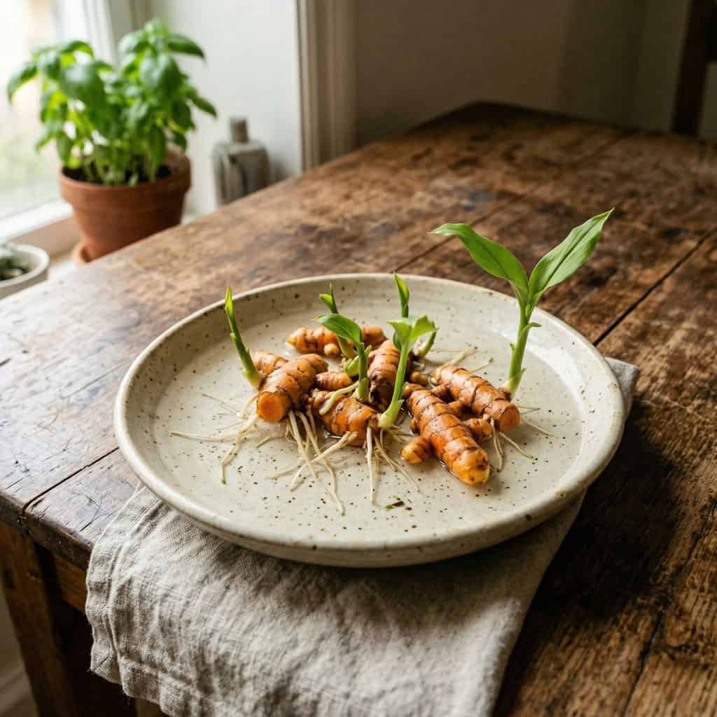 Rooting Turmeric on a plate at home