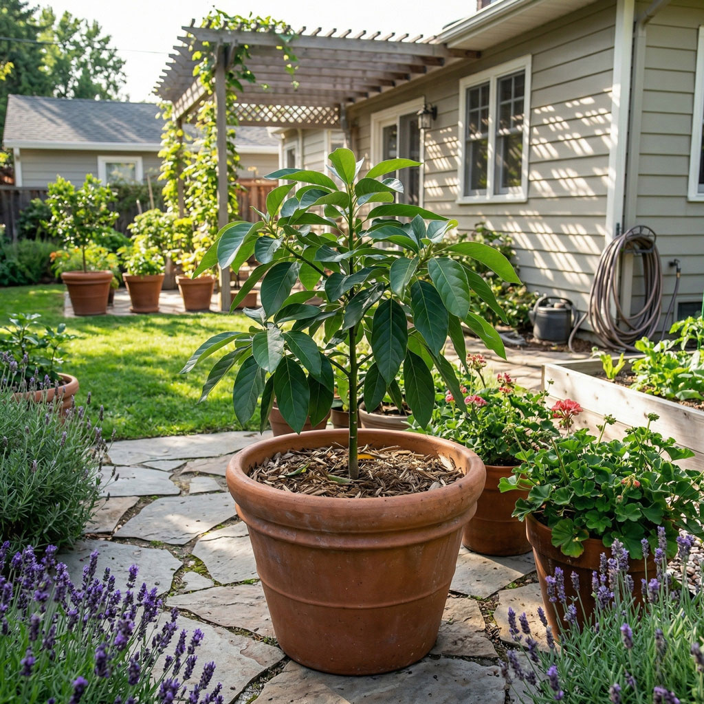 Young avocado tree growing in home garden