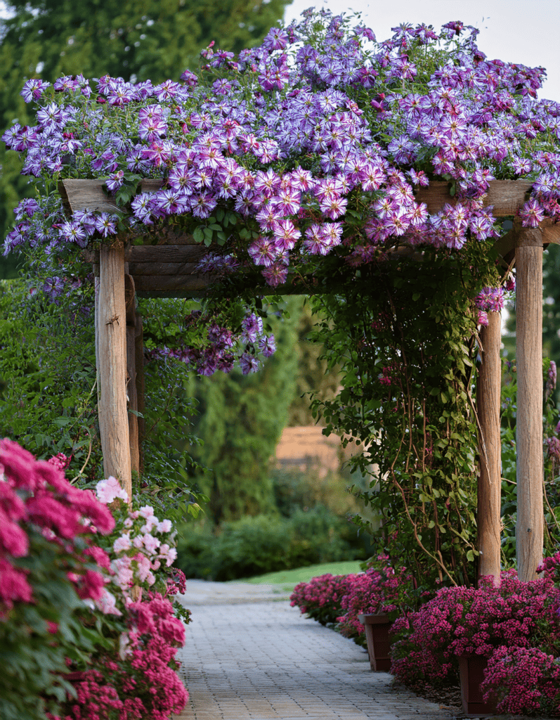 Clemantis flowers and Climbing Roses growing up a wooden arbor