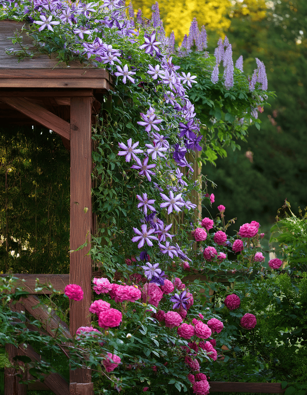 Clemantis flowers and Climbing Roses growing
