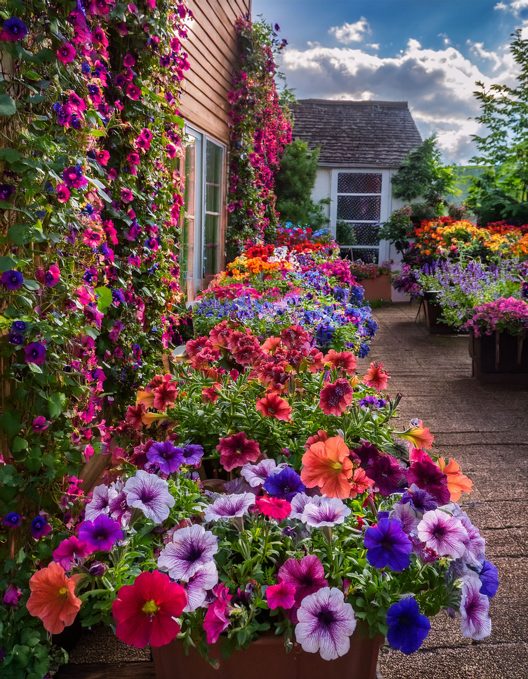 Many petunia flowers growing in a cotage garden