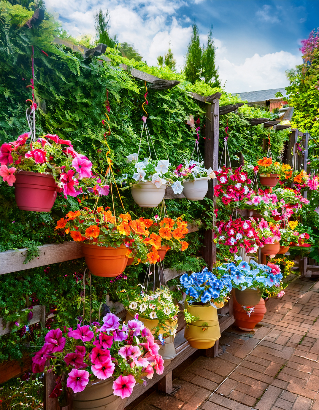 Many petunia flowers growing in hanging planters Anq