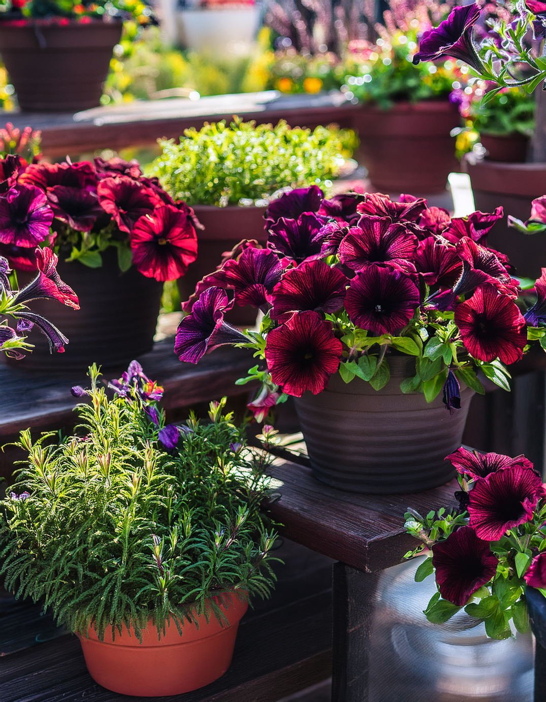 dark burgundy petunia flowers growing in planter