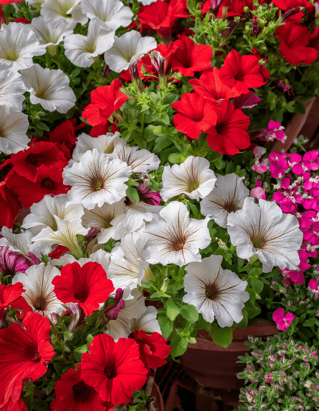 white and red petunia flowers growing in planters home garden