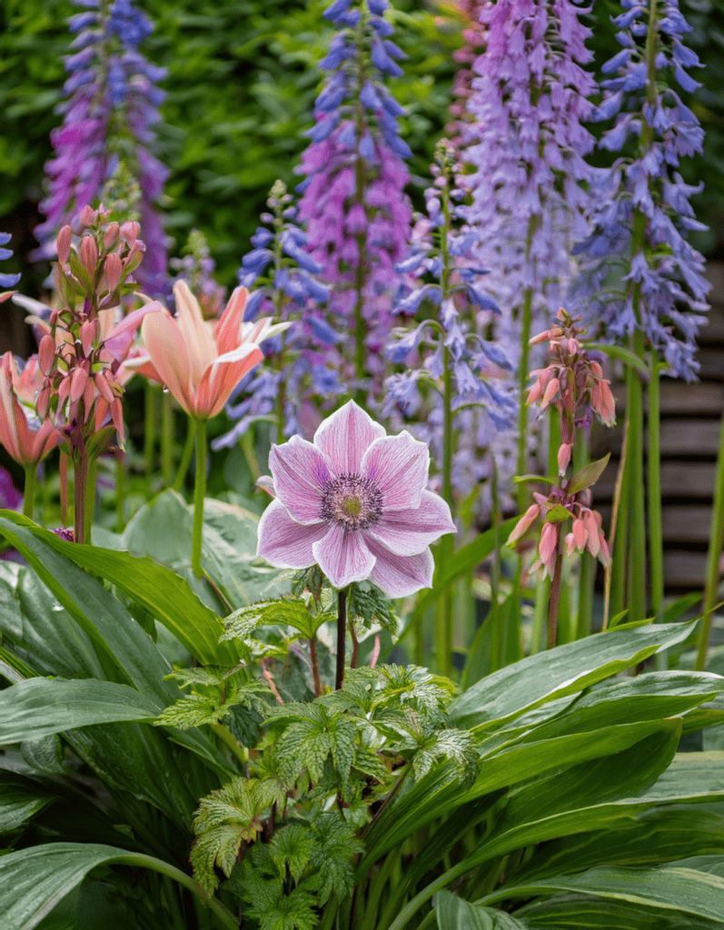 Anemone flowers and Hosta