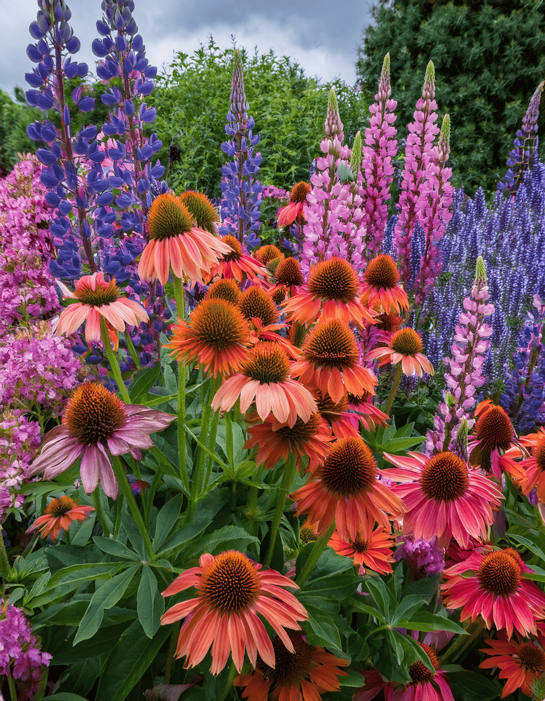Coneflowers and lupine flowers