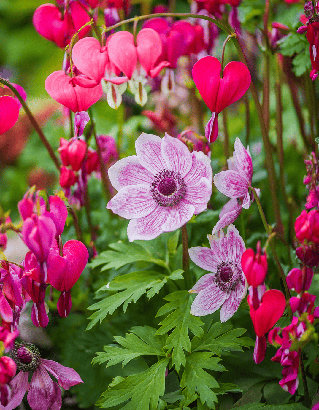 Many anemone flowers growing and bleeding hearts