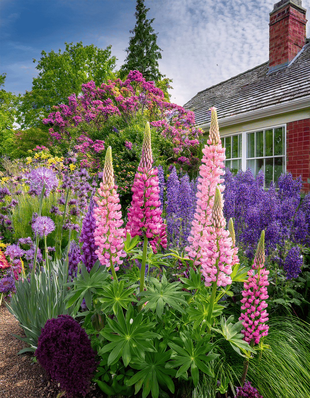 allium flowers growing next to lupine flowers