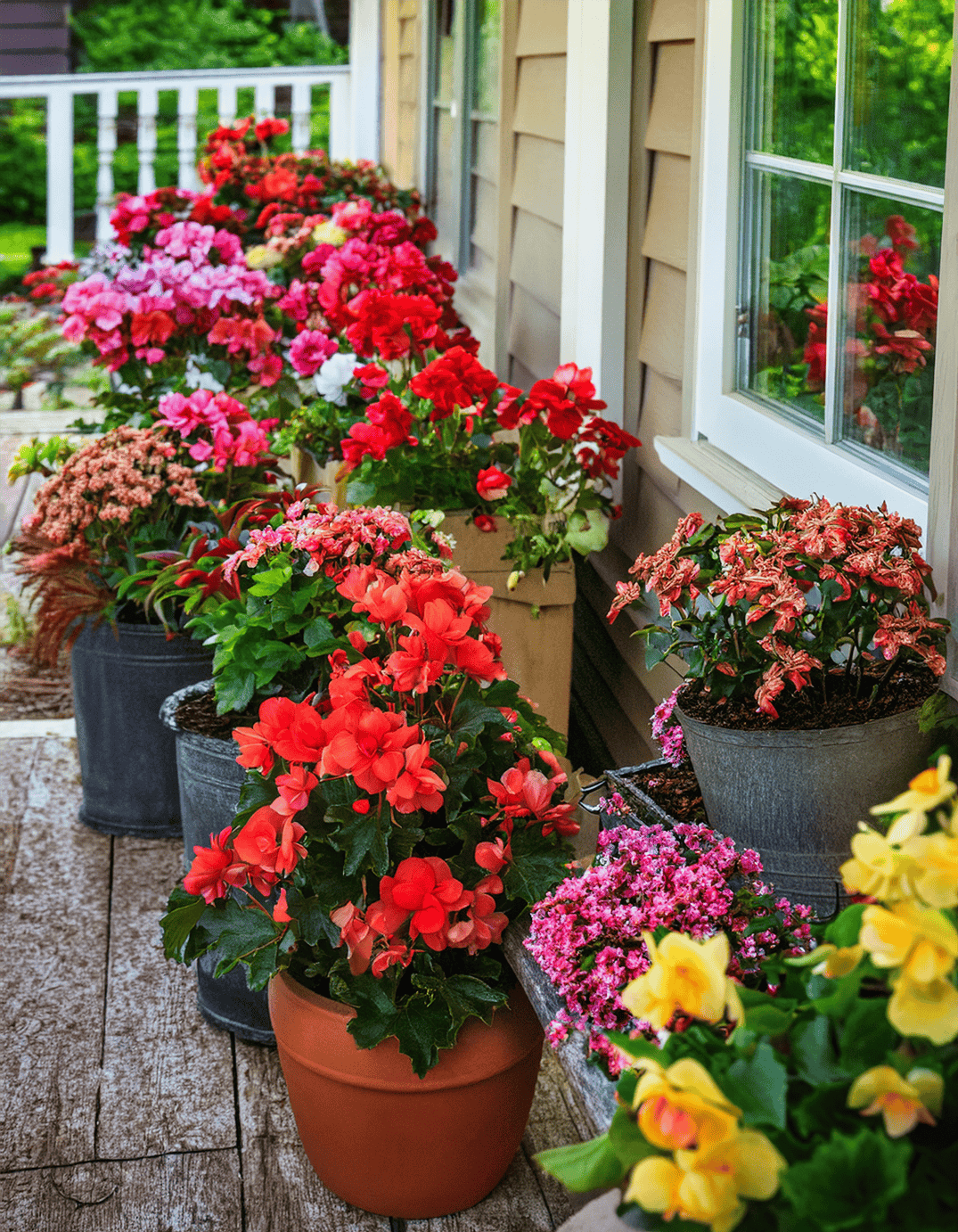 begonias growing in porch planters