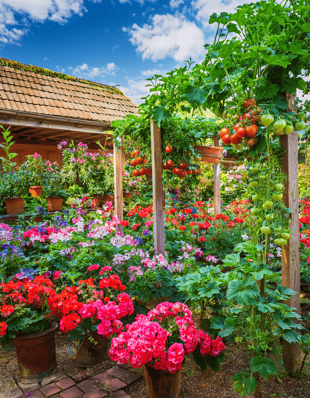 geranium flowers and tomato