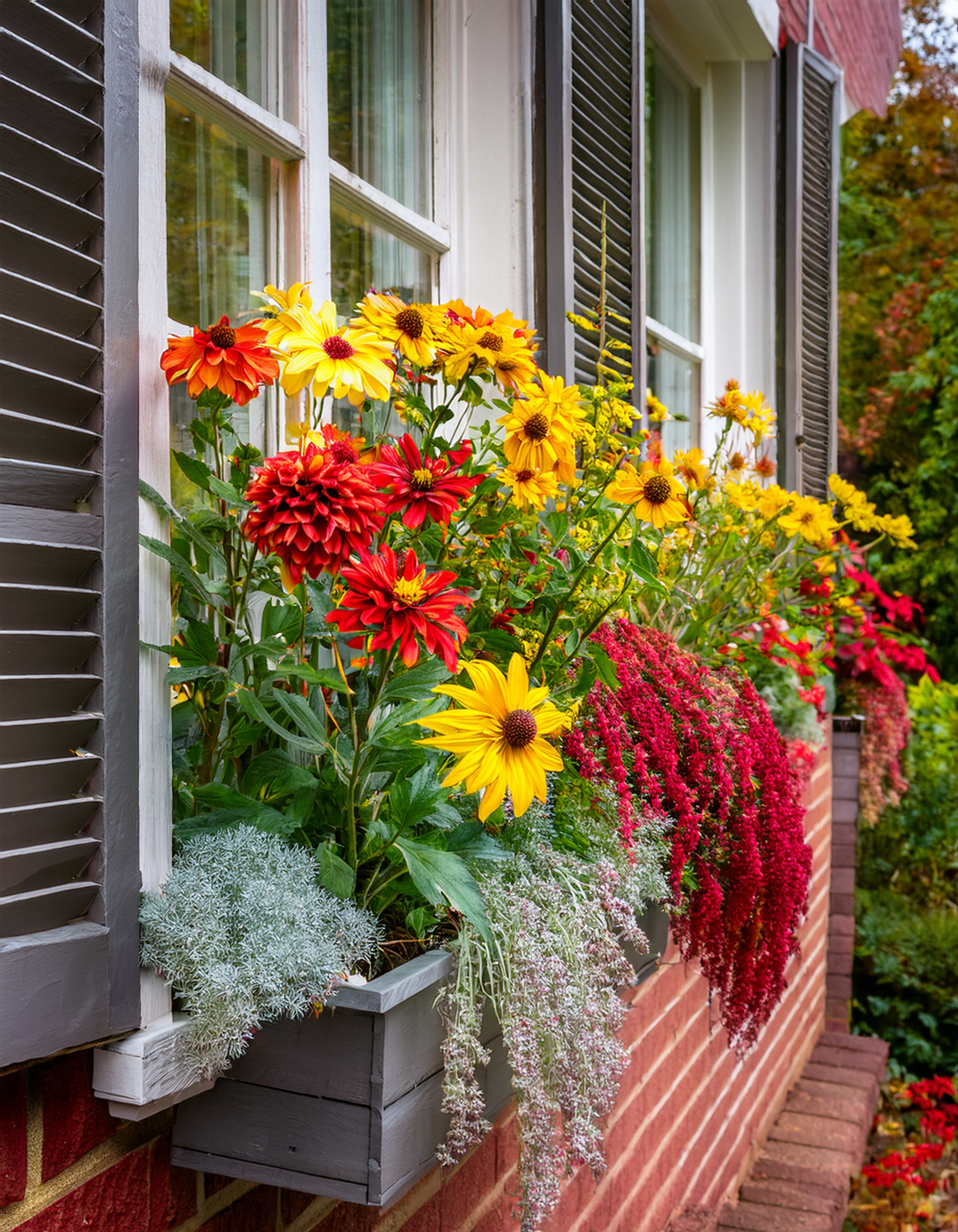 Fall Window box Planter with dhalias and flowers