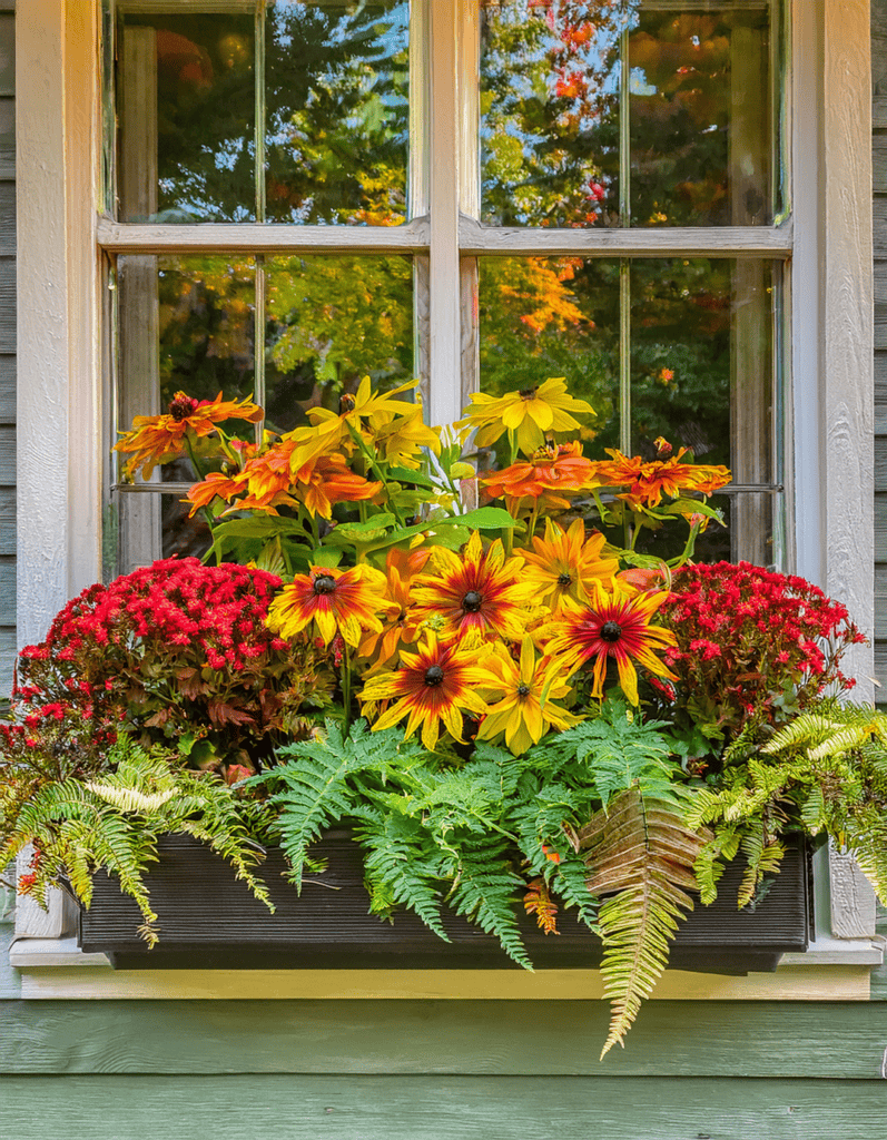 Fall Window box Planter with redbuticka and ferns