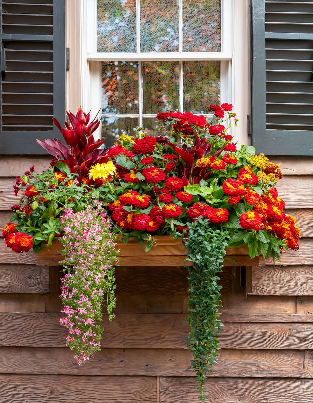 Fall Window box Planter with zinnias and folliage and flowers