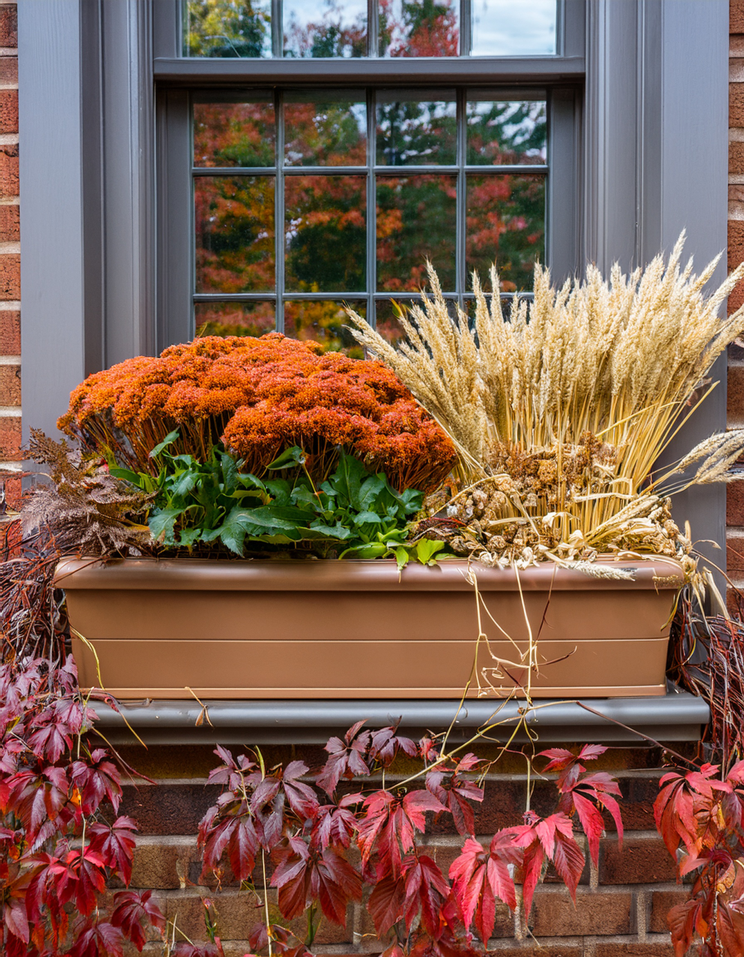 Fall Window box Planter withmums and wheat